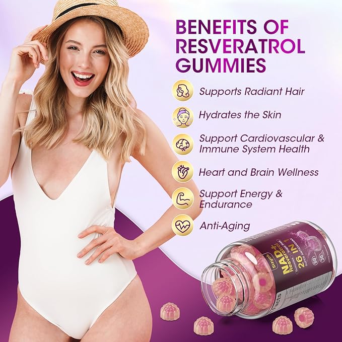 NAD Resveratrol Gummies, NAD supplements for Women with Hydrolyzed Collagen, Grape Seed, and D-Biotin Support Antioxidant Action, Anti-Aging, Cell Regeneration & Energy, Sugar-Free, 60 Gummies, 3 Pack