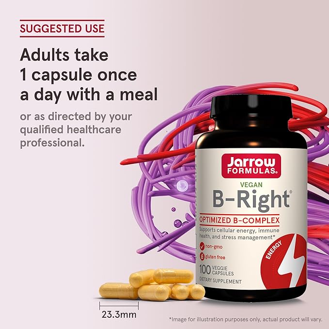 Jarrow Formulas B-Right, Optimized B Complex Featuring Vitamin B1, B2, B5, B6, B12 and B9 to Support Cellular Energy, Immune Health and Stress Management, 100 Veggie Capsules, Up to a 100 Day Supply