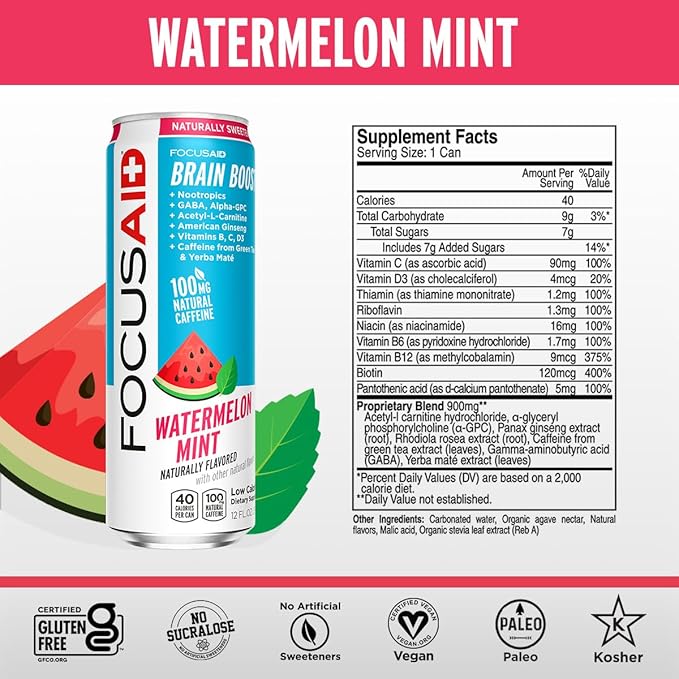 FOCUSAID Energy, Brain Boost Drink, Watermelon Mint, Nootropics, Alpha-GPC, GABA, B-Complex, 100mg Caffeine, Yerba Mate, Green Tea, 100% Clean, No Artificial Sweeteners, 12-oz. cans (Pack of 24)