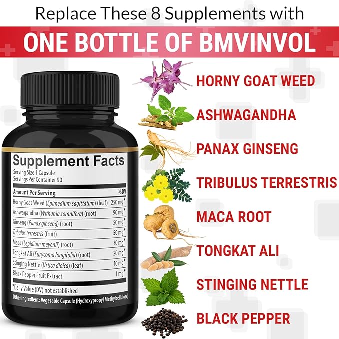 BMVINVOL 2Packs Horny Goat Weed Capsules - 180 Capsules for 6 Month Supply - Maca, Ginseng, Tribulus Terrestris, Ashwagandha