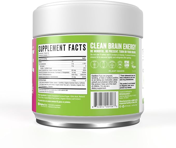 BrainJuice Nootropics Brain Support Supplement, Gluten Free Powder for Energy and Focus, Drink Mix with L Theanine, Alpha GPC, Vitamin B, Organic Green Tea Extract Caffeine, Watermelon, 15 Servings