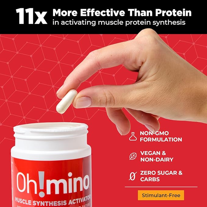 Oh!mino Amino Acids Supplement for Protein Synthesis - EAAs Capsules for Muscle Recovery, Pre & Post Workout - Non Caffeine, Non Dairy, Vegan, Zero Sugar & Net Carbs (180-Count, 30 Servings)