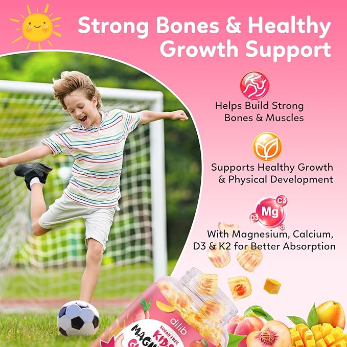 Magnesium Glycinate Gummies for Kids, Magnesium Supplement with L-Theanine, Ashwagandha, Vitamin D3 K2 for Sleep, Calm, Muscle, Relaxation, Cognitive - Sugar Free Peach & Mango Center-Filled Gummie