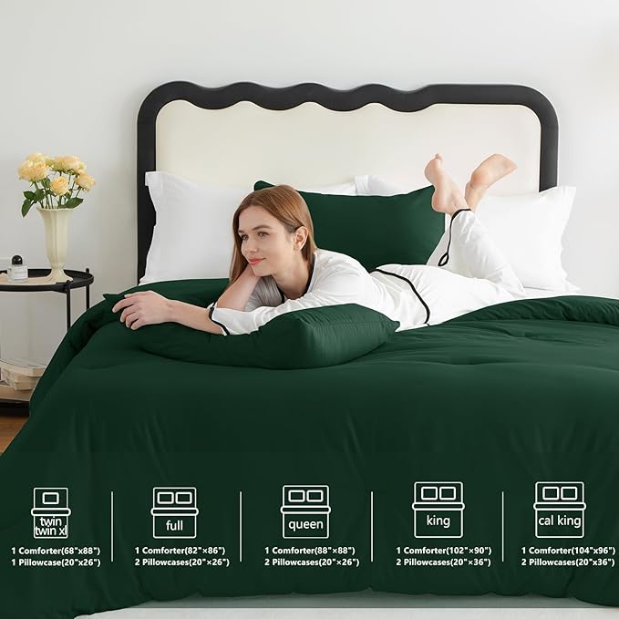 CozyLux Dark Emerald Green Comforter Set Full Size, 3 Pieces Solid Breathable Quilted Boho Style Forest Bedding Sets, Luxury Fluffy Soft Microfiber Comforter All Season(1 Comforter & 2 Pillowcases)