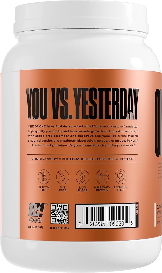ONE of ONE Whey Protein Powder – 25g Whey Protein Concentrate with Digestive Enzymes, Gluten Free, Low Carb, Post-Workout Recovery – Classic Vanilla Flavor, 2lb