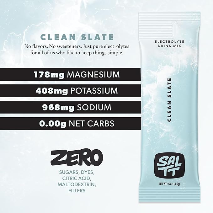 Keto Chow SALTT Electrolytes Powder Unflavored Drink Mix - Clean Slate - 30 Hydration Packets - Magnesium, Potassium, Sodium, Trace Minerals - Zero Sugar & Gluten Free - Travel Essentials