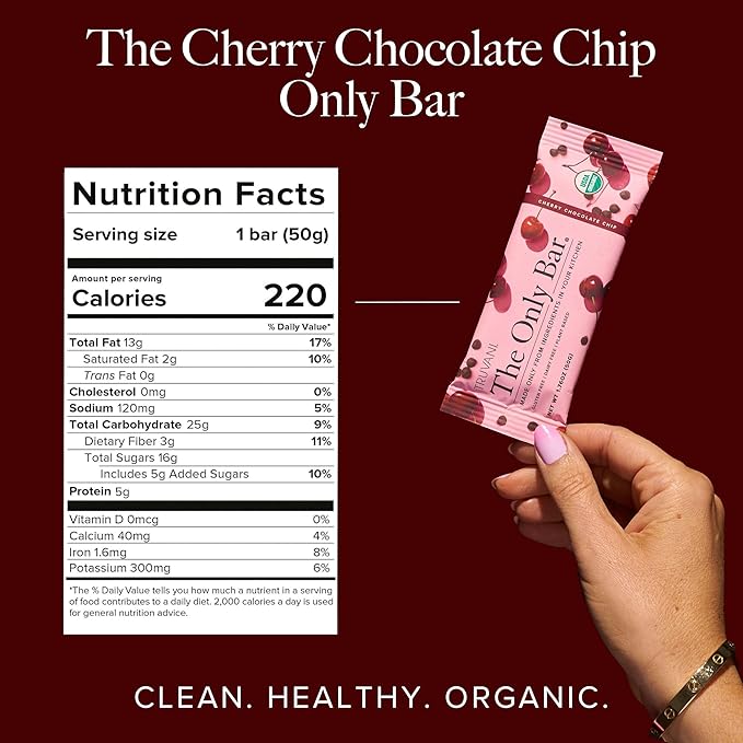 Truvani Plant Based Snack Bars | Cherry Chocolate Chip 1 Pack | 5g Protein | USDA Organic and Vegan | The Only Bar | Dairy, Soy, and Gluten Free | Individually Wrapped