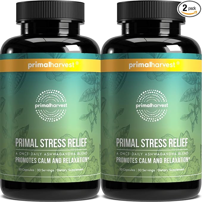 Primal Harvest Stress Relief Supplement for Women and Men Pure Ashwagandha Root Extract, L-Theanine Supplements, 60 Capsules