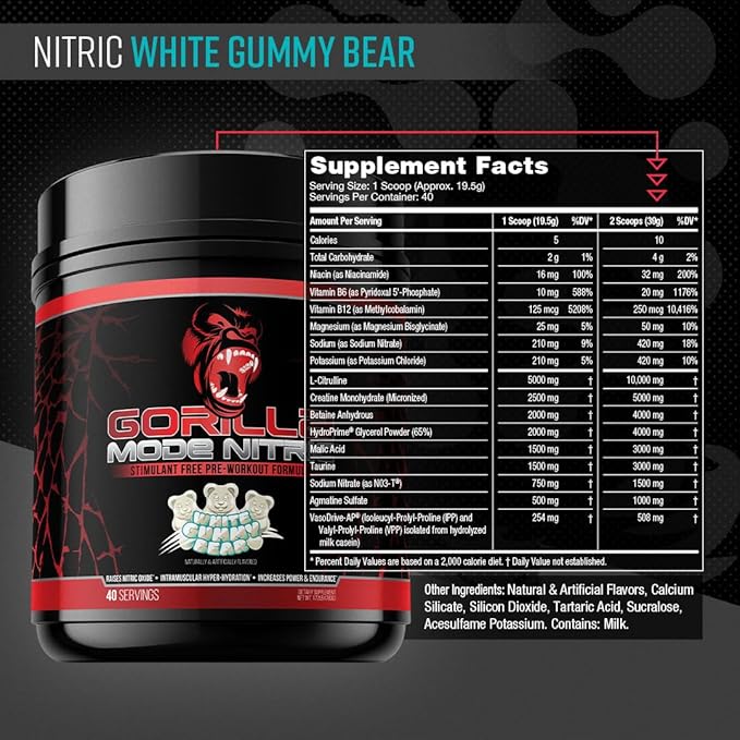 Gorilla Mode Nitric Upgraded Stimulant Free Pre-Workout – Best Tasting and Most Effective Stimulant Free Pre-Workout/Massive Pumps · Vasodilation · Power / 780 Grams (White Gummy Bear)