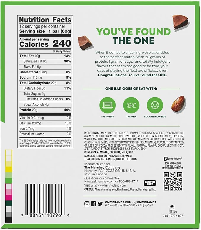 ONE Protein Bars, Chocolate Almond Bliss, Gluten Free with 20g Protein and 1g Sugar, Pantry Staples, 2.12 oz (12 Pack), Packaging May Vary