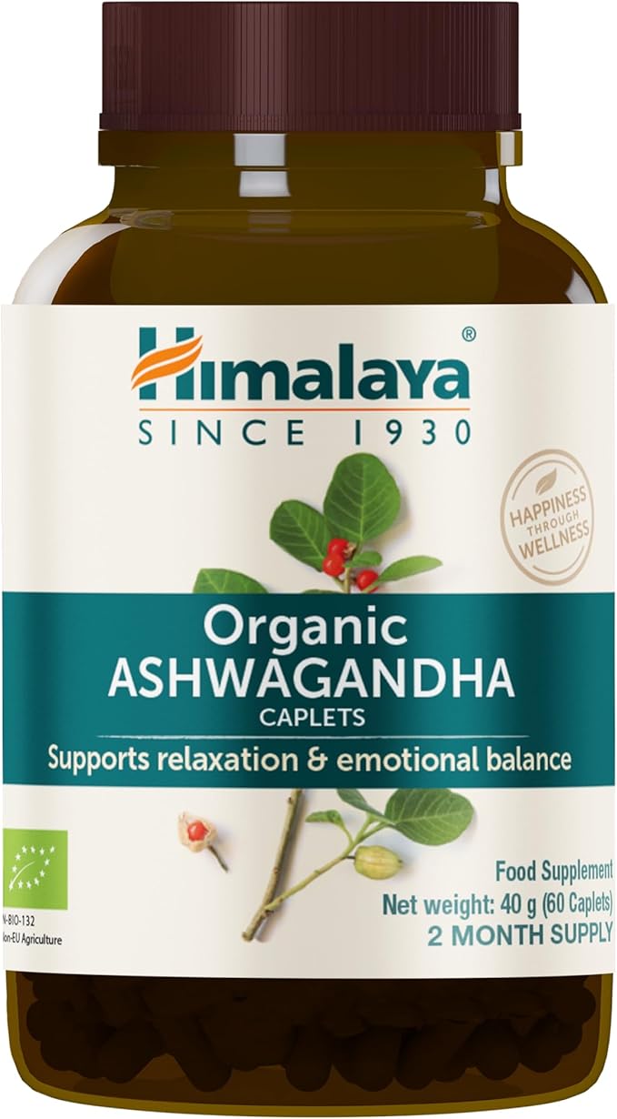 Himalaya Organic Ashwagandha, 60 Day Supply, Herbal Supplement for Stress Relief, Energy, Occasional Sleeplessness, Excipient Free, Organic, Non-GMO, Vegan, Gluten Free, 670 mg, 60 Caplets