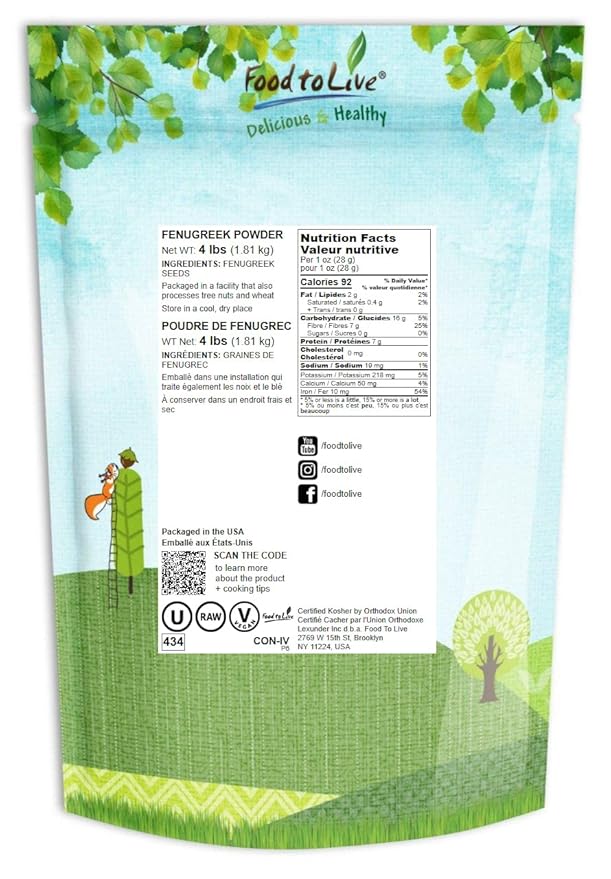 Food to Live Fenugreek Powder, 4 Pounds – Ground Methi Seeds, Kosher, Vegan, Bulk. Rich in Dietary Fiber and Iron. Great for Spice Blends, Curries, Chutneys, Vegetable Dishes, and Smoothies