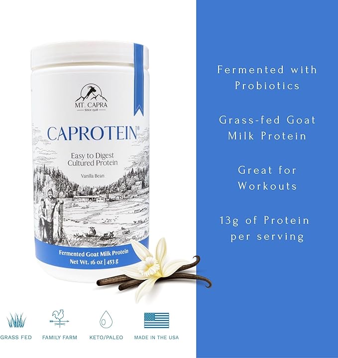 Mt. Capra Caprotein | Casein Protein Concentrate, Fermented Goat Milk Protein from Grass-Fed Pastured Goats, Extremely Easy to Digest | Vanilla Bean | 23 Servings - 16 oz