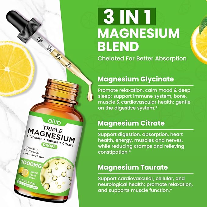 Liquid Magnesium Glycinate Supplement 1000mg, Calm Magnesium Citrate, Taurate Drops with Omega 3, Zinc, Ashwagandha, L-Theanine, Chamomile for Sleep, Mood, Stress Relief, Bone, Muscle, Lemon Flavor
