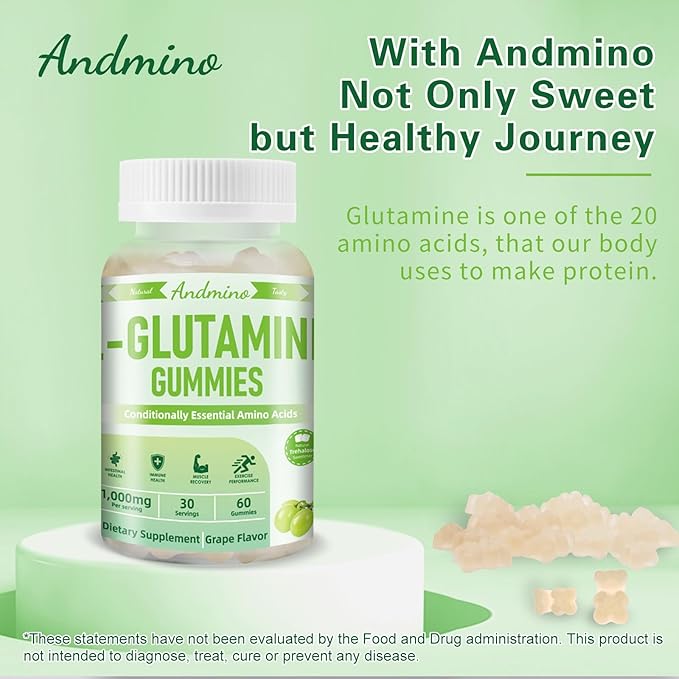 L-Glutamine Gummies 1000 mg, with Trehalose, L Glutamine Supplement Support Intestinal, Boost Immune & Muscle Health, for Adults & Kids, Non-GMO, Vegan, Gluten Free, Grape Flavor, 60