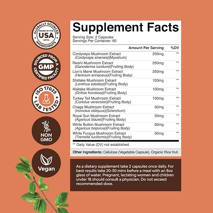 Advanced Mushroom Complex Capsules - 10X Lions Mane Supplement Capsules with Reishi, Chaga , Maitake & Shiitake for Brain Health, Memory Support & Focus - Nootropic for Mental Clarity - 120 Caps