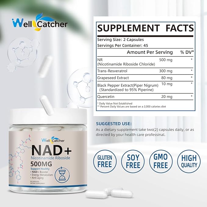NAD+ Resveratrol Supplement for Women Men | Liposomal Nicotinamide Riboside 500mg Organic Pure NAD+ Booster Clinically Proven Cellular Energy Anti-Aging Metabolism Enhancer Support 90 Vegan Capsules