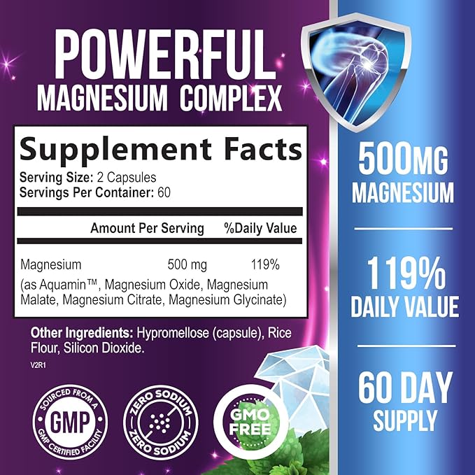 Magnesium Supplement Citrate Capsules 500mg with Glycinate, Oxide, Malate, Citrate - for Muscle, Nerve, Bone and Heart Health Support - High Absorption Glycinate Complex, Gluten Free - 120 Capsules