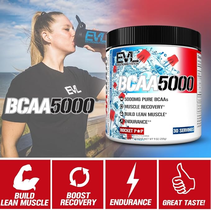 Evlution EVL BCAAs Amino Acids Powder - BCAA Powder Post Workout Recovery Drink and Stim Free Pre Workout Energy Drink Powder - 5g Branched Chain Amino Acids Supplement for Men - Rocket Pop