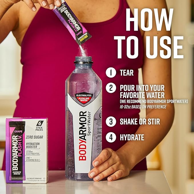 BODYARMOR Flash IV Electrolyte Packets, Grape - Zero Sugar Drink Mix, Single Serve Packs, Coconut Water Powder, Hydration for Workout, Travel Essentials, Just Add Sticks to Liquid (15 Count)