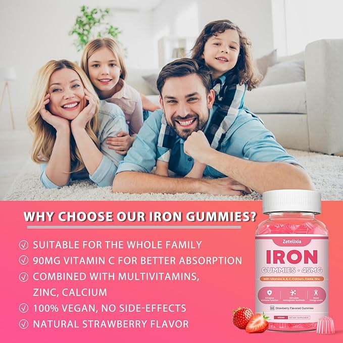 Vegan 2 Pack Iron Supplement Gummies for Women & Men, Anemia, Blood Builder & Energy Support for Iron Deficiency, with Vitamin C, A, B Complex, Folate, CoQ10, Sugar Free, Non-GMO, 120 Count