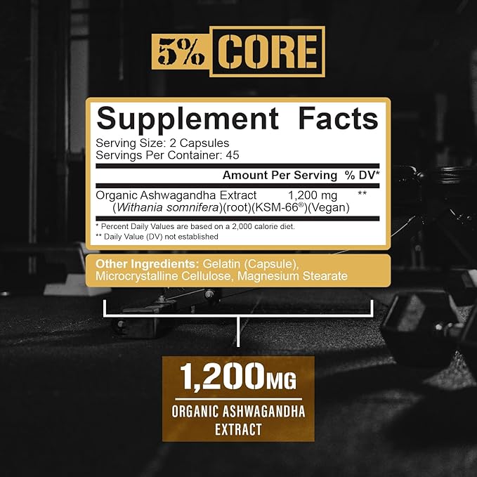 5% Nutrition Core KSM-66 Ashwagandha | 1,200mg Organic Ashwagandha Root Powder Extract | High Potency 5% Withanolides (45 Servings, 90 Capsules)