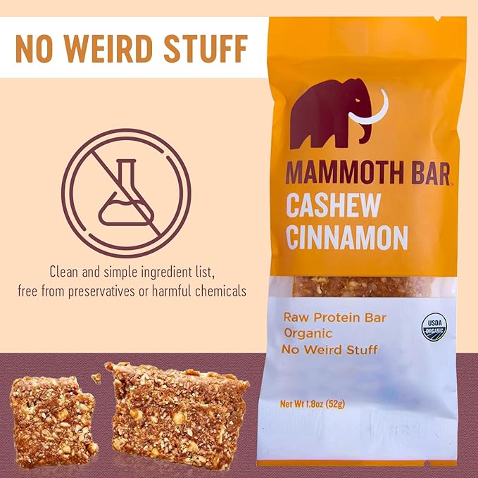 Cashew Cinnamon Bar- Organic, Paleo, Gluten Free and Raw by Mammoth Bar, 10-12g Protein, 1.8 Oz. Bar (10 Bars) …