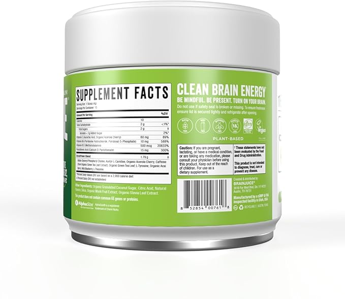 BrainJuice Nootropics Brain Support Supplement, Gluten Free Powder for Energy and Focus, Drink Mix with L Theanine, Alpha GPC, Vitamin B, Organic Green Tea Extract Caffeine, Classic, 15 Servings