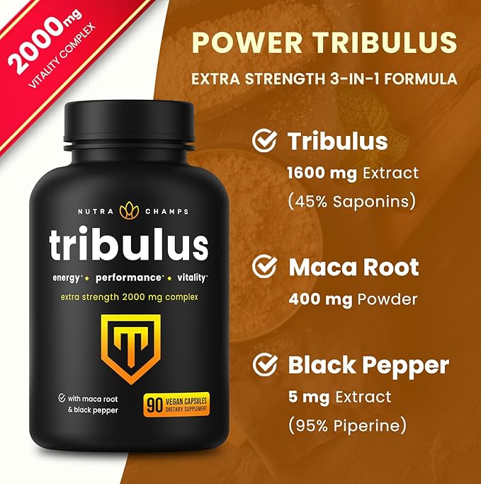 NutraChamps Tribulus Terrestris for Men, 2000mg Supplement Booster for Energy, Vitality, Stamina & Performance, Extra Strength Saponins, 90 Vegan Capsules