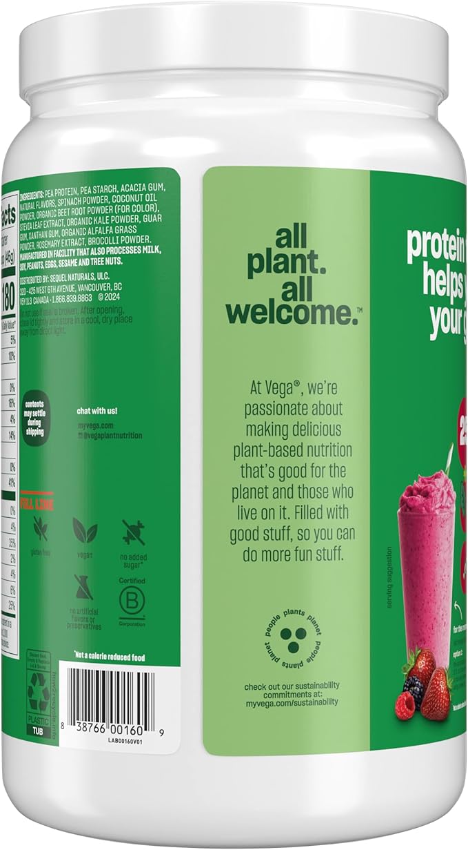 Vega Protein and Greens Protein Powder, Berry - 20g Plant Based Protein Plus Veggies, Vegan, Non GMO, Pea Protein for Women and Men, 1.3 lbs