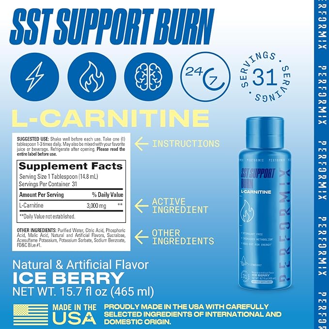 PERFORMIX SST Boost Liquid L-Carnitine – Fast-Acting Energy, Improves Memory and Focus, Stimulant-Free Formula for Men & Women, Ice Berry Flavor, 31 Servings