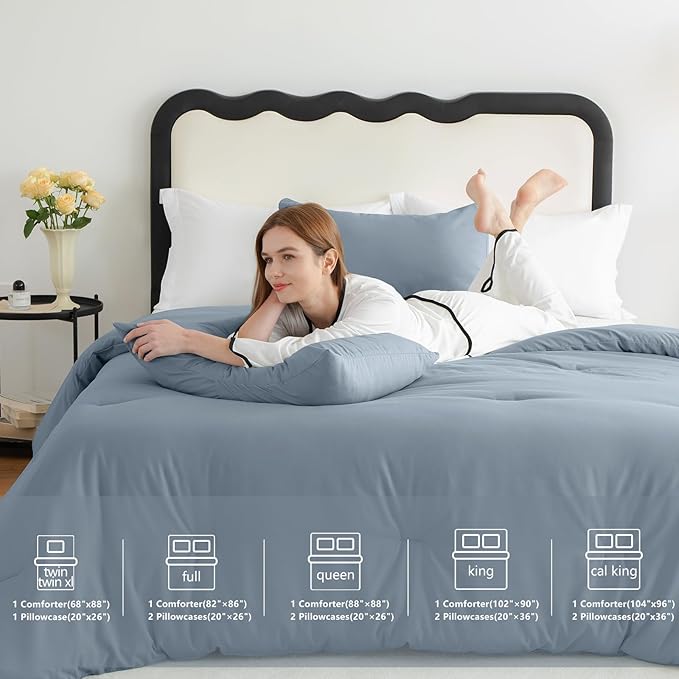 CozyLux Grayish Blue Comforter Set King Size, 3 Pieces Solid Breathable Quilted Boho Style Bedding Sets, Luxury Fluffy Soft Microfiber Comforter for All Season(1 Comforter & 2 Pillowcases)