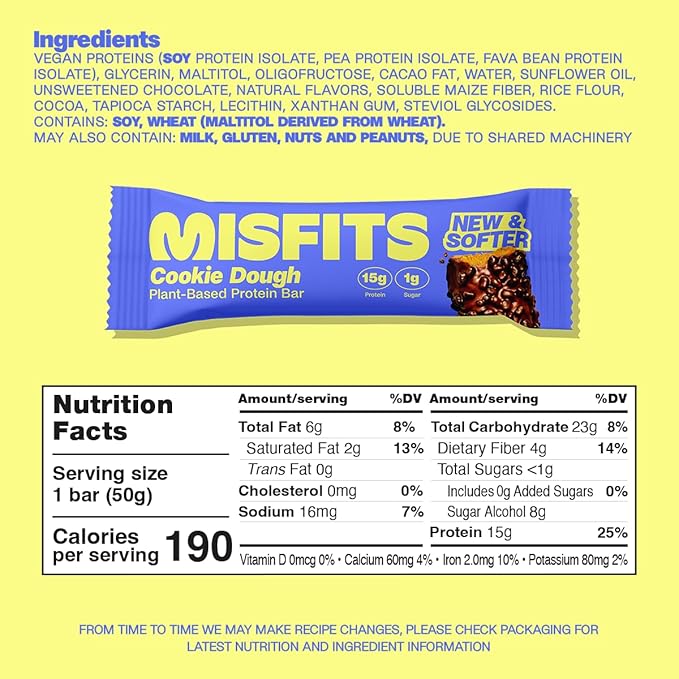 Misfits Vegan Protein Bars, Cookie Dough - Updated Recipe | Plant Based, Low Sugar & Carb, High Fiber Snacks | Pack of 15