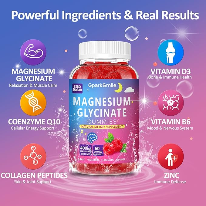 Magnesium Glycinate Gummies 400mg - Sugar Free Vegan Gummies for Adults & Kids with Vitamin D3, B6, C, CoQ10, Collagen, Zinc - Sleep, Muscle, Bone & Memory Support - 60 Raspberry Chewables