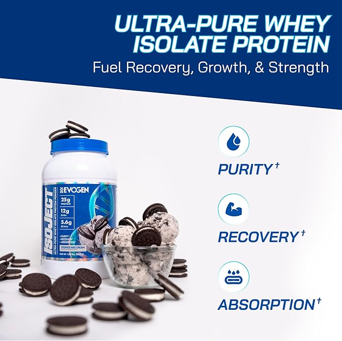 Evogen Isoject - Whey Protein Isolate | Ultra-Pure Whey Protein Powder with Ignitor Enzymes, BCAAs, and EAAs | Enhanced Absorption & Recovery | Cookies and Cream | 25 Servings