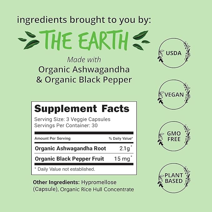 Organic Ashwagandha Capsules 2100mg – Stress Relief Supplement – Extra Strength, 100% Herbal, Energy, Mood & Cortisol Manager, Includes Black Pepper for High Absorption – Non-GMO, 90 Ct