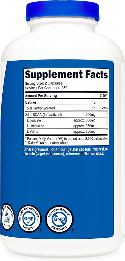 Nutricost BCAA 1000mg, 500 Capsules (250 Serv), 2:1:1 Branched Chain Amino Acids (500mg of L-Leucine, 250mg of L-Isoleucine and L-Valine) (2 Bottles)