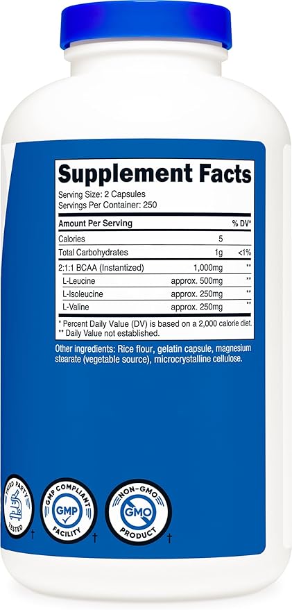 Nutricost BCAA 1000mg, 500 Capsules (250 Serv), 2:1:1 Branched Chain Amino Acids (500mg of L-Leucine, 250mg of L-Isoleucine and L-Valine)