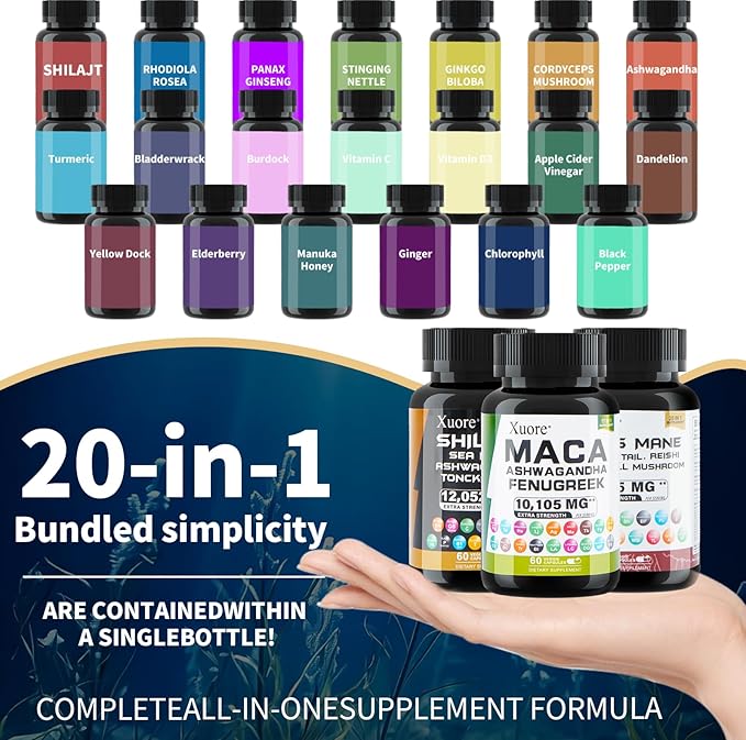 Bundle of, Shilajit &Lions Mane&Maca Ashwagandha, Rhodiola Rosea, Panax Ginseng, Turkey Tail, Reishi, Cordyceps, Chaga Fenugreek, Trifibranol100X All in 1 Supplements (1 Pack)