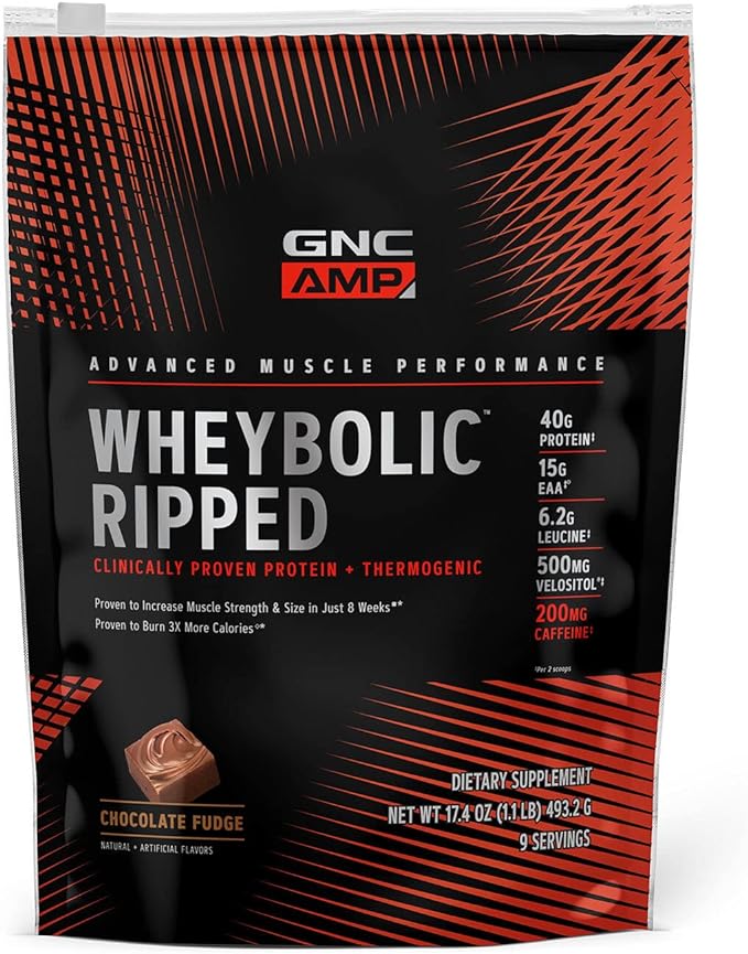 GNC AMP Wheybolic Ripped Protein Powder & Thermogenic Supplement, Increases Muscle Strength & Size, Energy & Endurance, 40g Protein, 6.2g Leucine, 15g EAA, Caffeine, Chocolate Fudge, 9 Serving