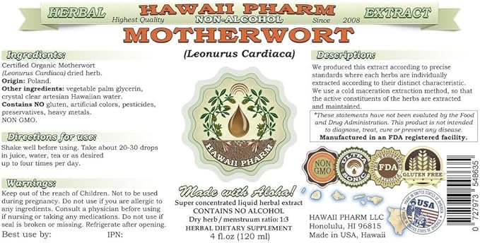 Motherwort Alcohol-Free Liquid Extract, Motherwort (Leonurus Cardiaca) Dried Herb Glycerite Natural Herbal Supplement, Hawaii Pharm, USA 2 oz
