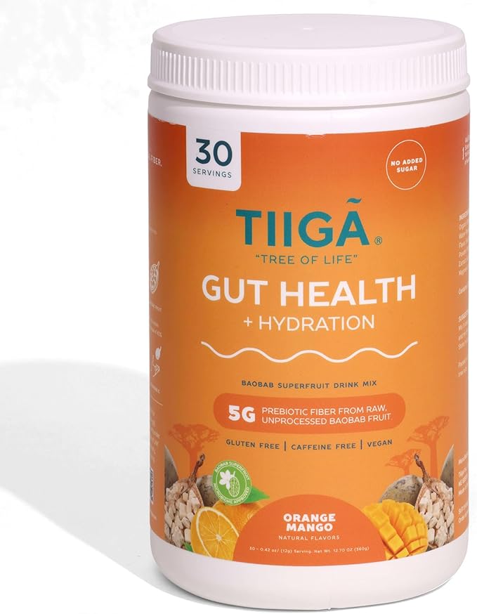 Tiiga 2-in-1 Gut Health + Hydration Drink Mix – Natural Debloat Formula with 75%+ Baobab & Coconut Water. High in Antioxidants, Prebiotics, Zero Added Sugar, Supports Digestion, Energy & Helps Debloat