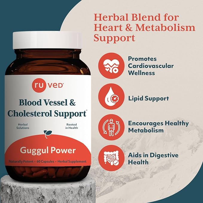 Ruved Guggul Power Herbal Supplement for Ayurvedic Cholesterol Support, Red Yeast Rice, Bergamot, Guggul, and Amla Supplement for Women and Men, 60 Vegetarian Capsules