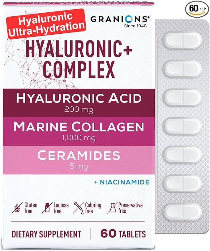 Hyaluronic Acid Complex Hydrating Skin Supplement – Marine Collagen Peptides, Ceramides, Vitamin B3 Niacinamide, Hyaluronic Acid Supplements for Women and Men – 60 Foil Sealed Tablets