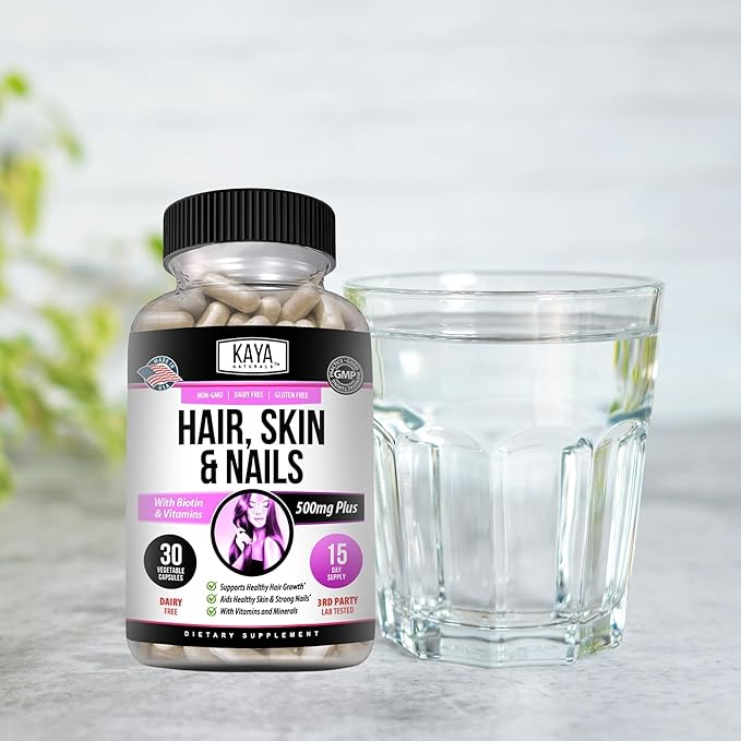 Kaya Naturals Hair Skin Nail Capsules with Biotin - Hair and Skin Vitamins, Vitamin D Vitamin B-12 A Folic Acid Support, Hair Support Vitamin Supplement for Hair Skin Nails- 30 Count Capsules