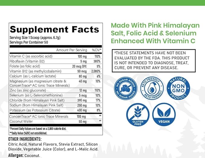 Keto Electrolytes Powder - Sugar Free Electrolytes Boost Energy and Muscle Recovery - High Absorption Fasting Electrolytes Supplement with Minerals & Coconut Water - Instant Hydration