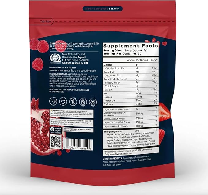 OrganifiRed Juice – Organic Superfood Energy Blend for Caffeine-Free Energy Support, with Antioxidants & Adaptogens, Non-GMO, Vegan, 30 Servings