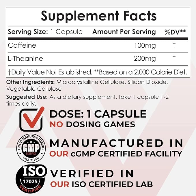 Nootropics Depot Caffeine and L-Theanine Capsules | 60 Pills | Contains 100mg of Caffeine and 200mg of L-Theanine | Natural Supplement | Energy Booster | Mental Focus + Alertness | Coffee Alternative
