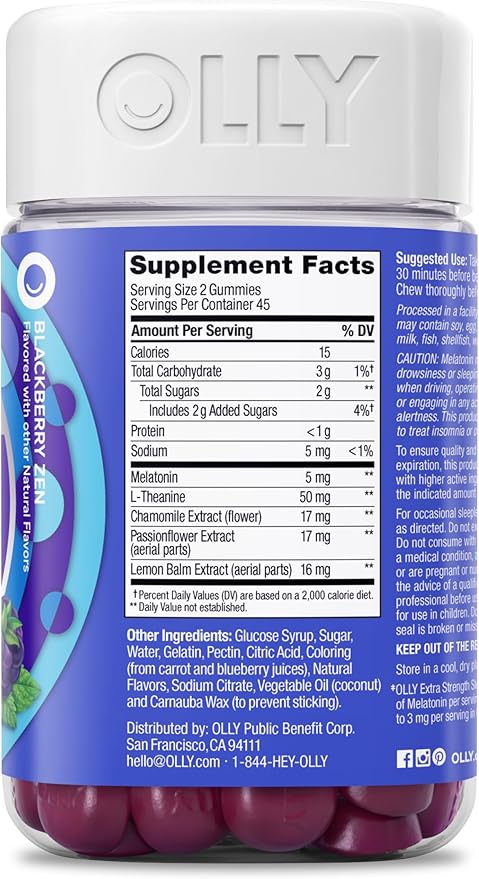OLLY Extra Strength Sleep Gummy 5 mg Melatonin, L-Theanine, Chamomile, Lemon Balm Extracts, Sleep Aid, BlackBerry Flavor - 90 Count