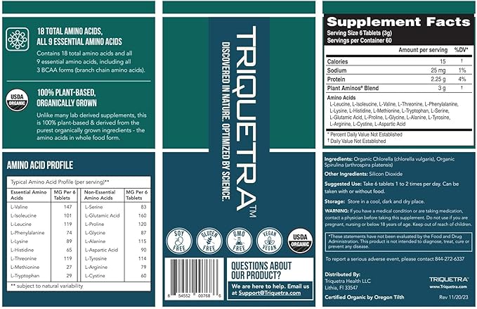 Plant Aminos Organic Essential Amino Acids (EAAs) & BCAA - 100% Plant-Based Raw, Vegan - All 9 Amino Acids with 18 Total Amino Acids (360 Tablets)